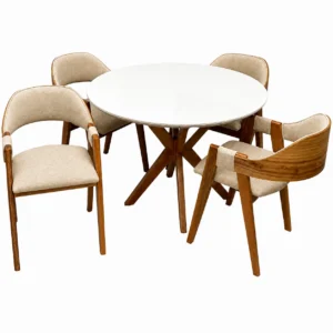 Mesa de Jantar Simpatia com Vidro Redonda 108cm com 4 Cadeiras Perola em Linho Madeira Jcm