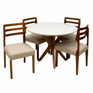 Mesa de Jantar Simpatia com Vidro Redonda 108cm com 4 Cadeiras Turquia em Linho Madeira Jcm