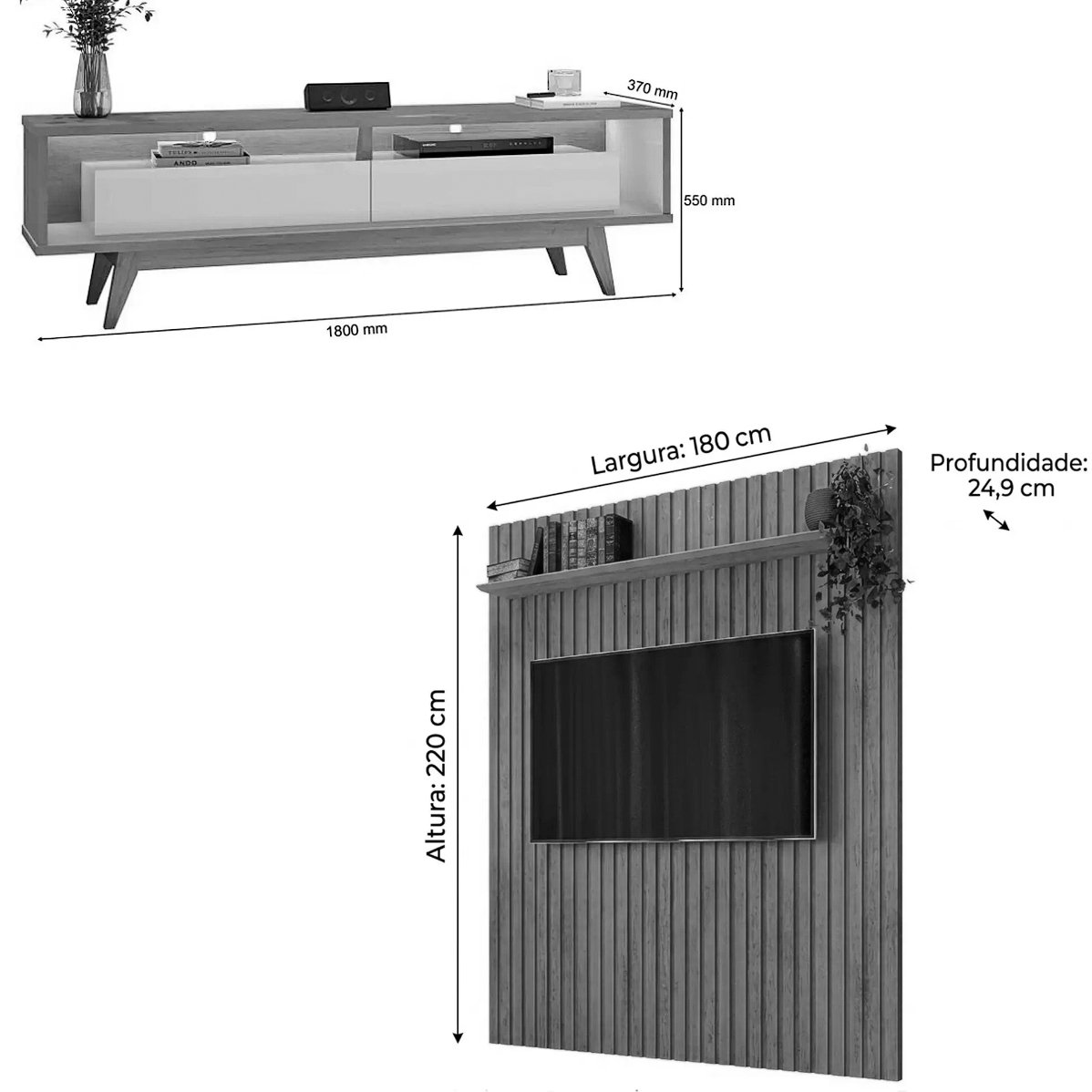 Rack com Painel Roma 180cm com Prateleira e Led 2 Gavetas Ripado Rv Móveis - Imagem 2