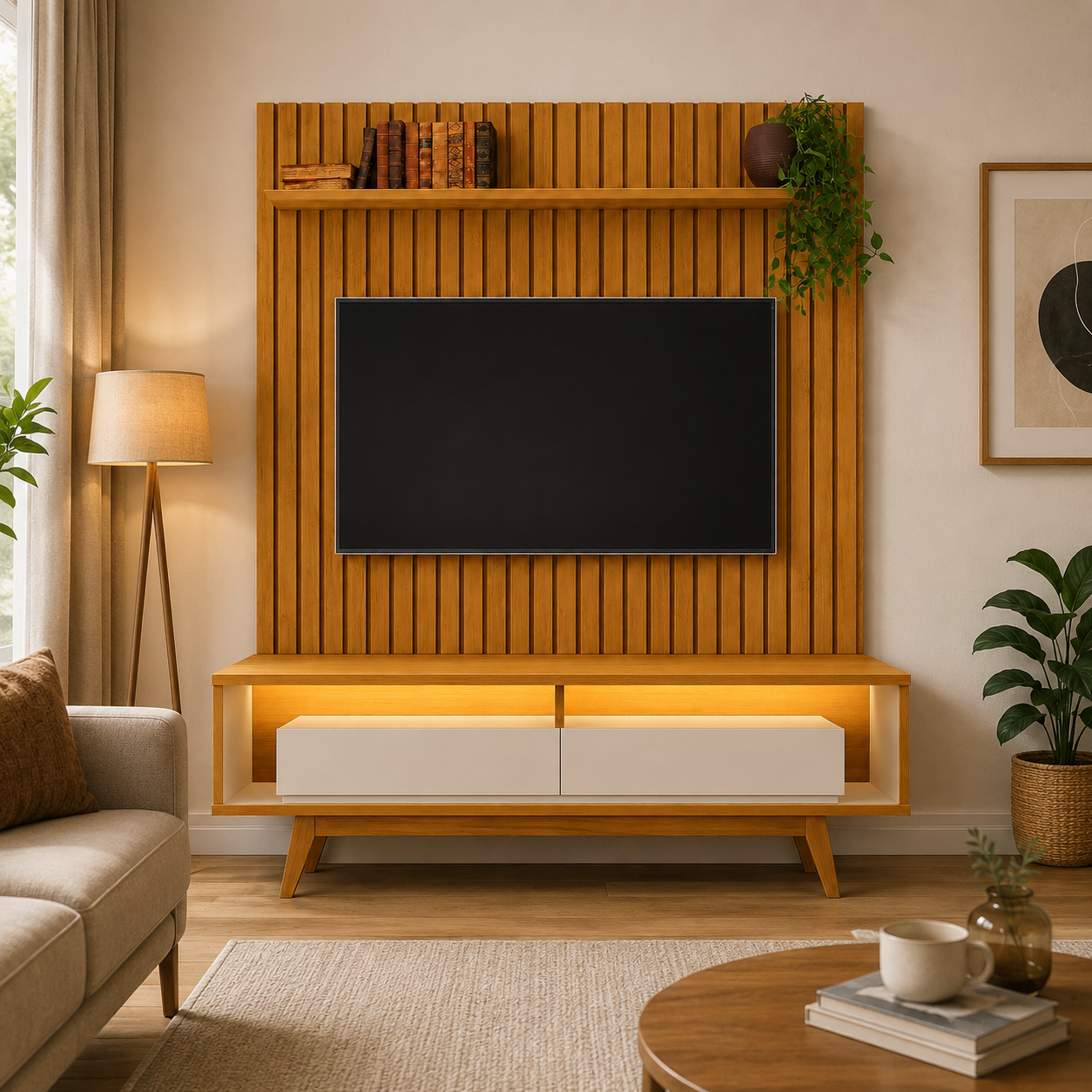 Rack com Painel Roma 180cm com Prateleira e Led 2 Gavetas Ripado
