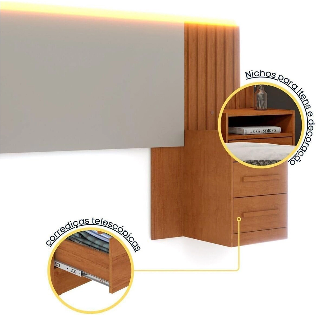 Cabeceira Tcil Casal Queen Ripado com Led e 2 Mesas de Cabeceira - Imagem 4