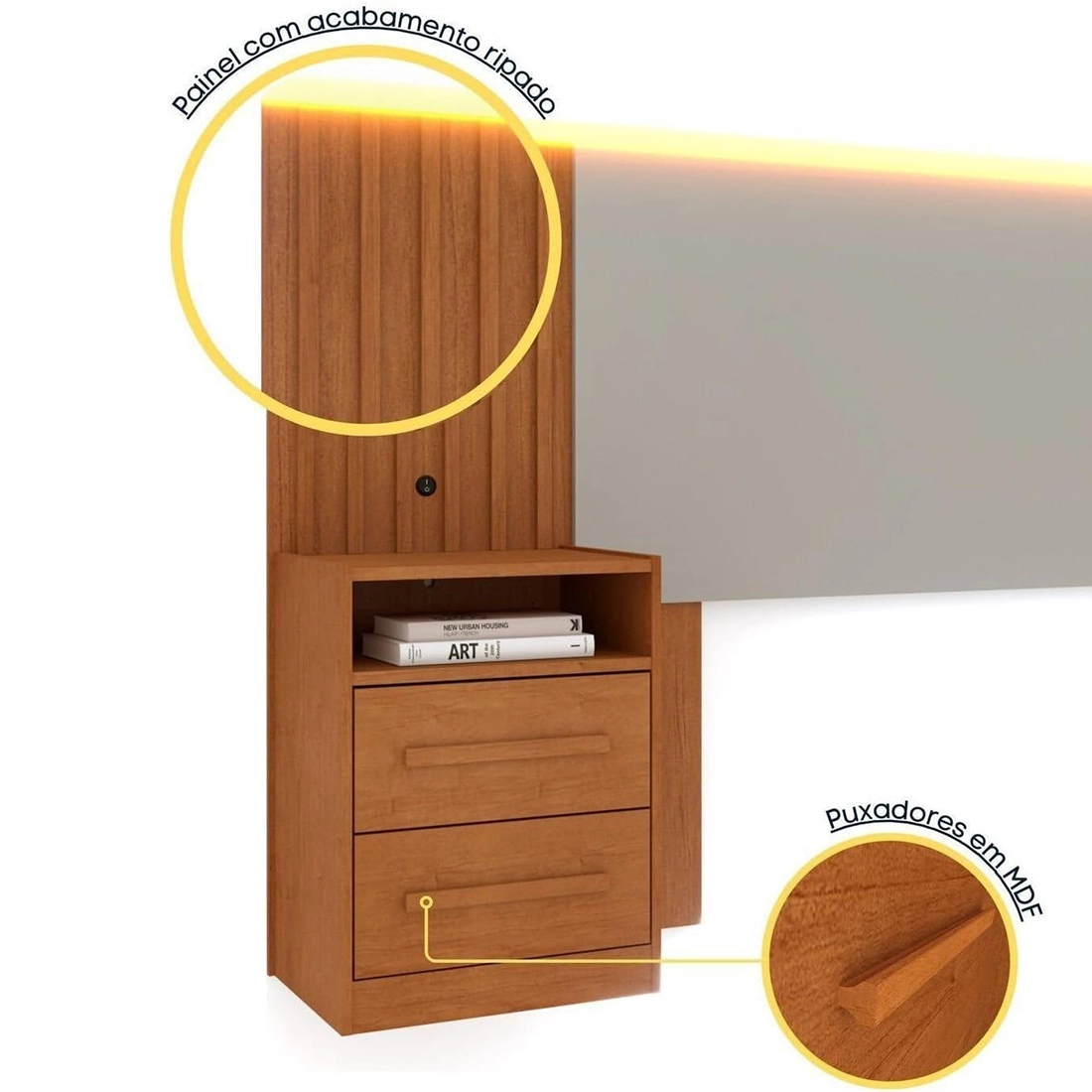 Cabeceira Tcil Casal Queen Ripado com Led e 2 Mesas de Cabeceira - Imagem 5
