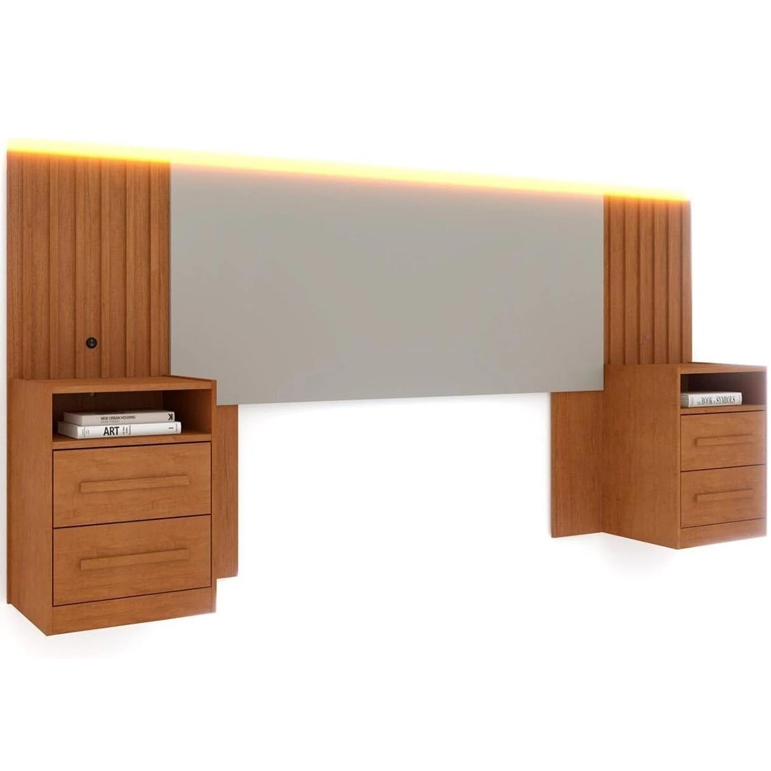 Cabeceira Tcil Casal Queen Ripado com Led e 2 Mesas de Cabeceira