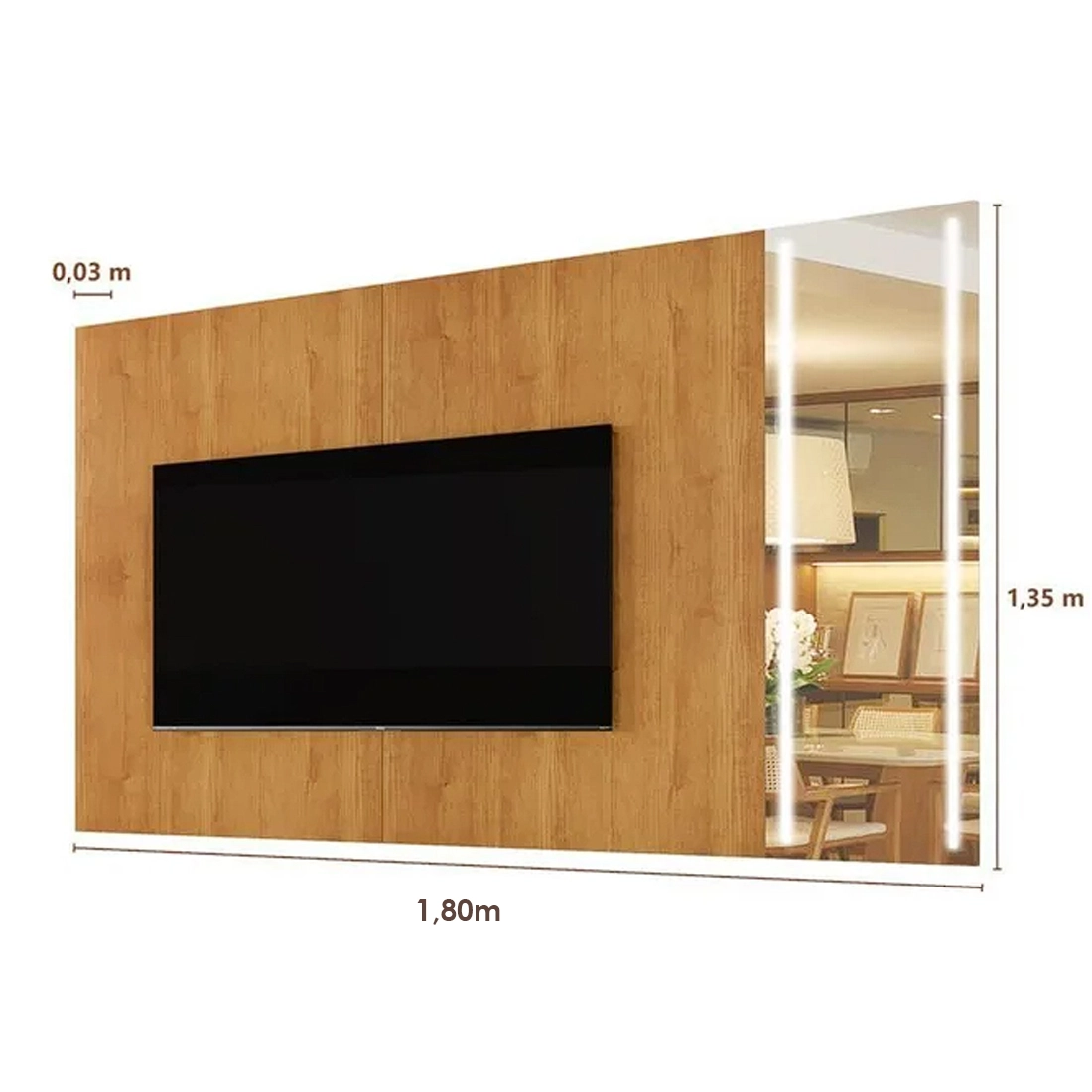 Painel Vitrum 180cm com Espelho e Led para Tv Até 65 Polegadas Mavaular - Imagem 2