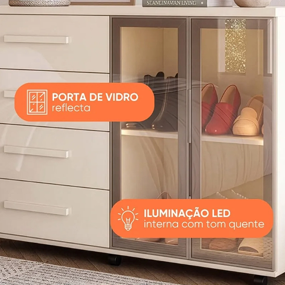 Cômoda Sapateira Lady com Led 4 Gavetas 2 Portas Reflecta J e a - Imagem 4