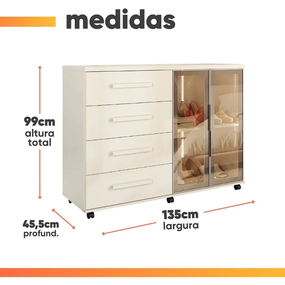 Cômoda Sapateira Lady com Led 4 Gavetas 2 Portas Reflecta J e a - Imagem 2
