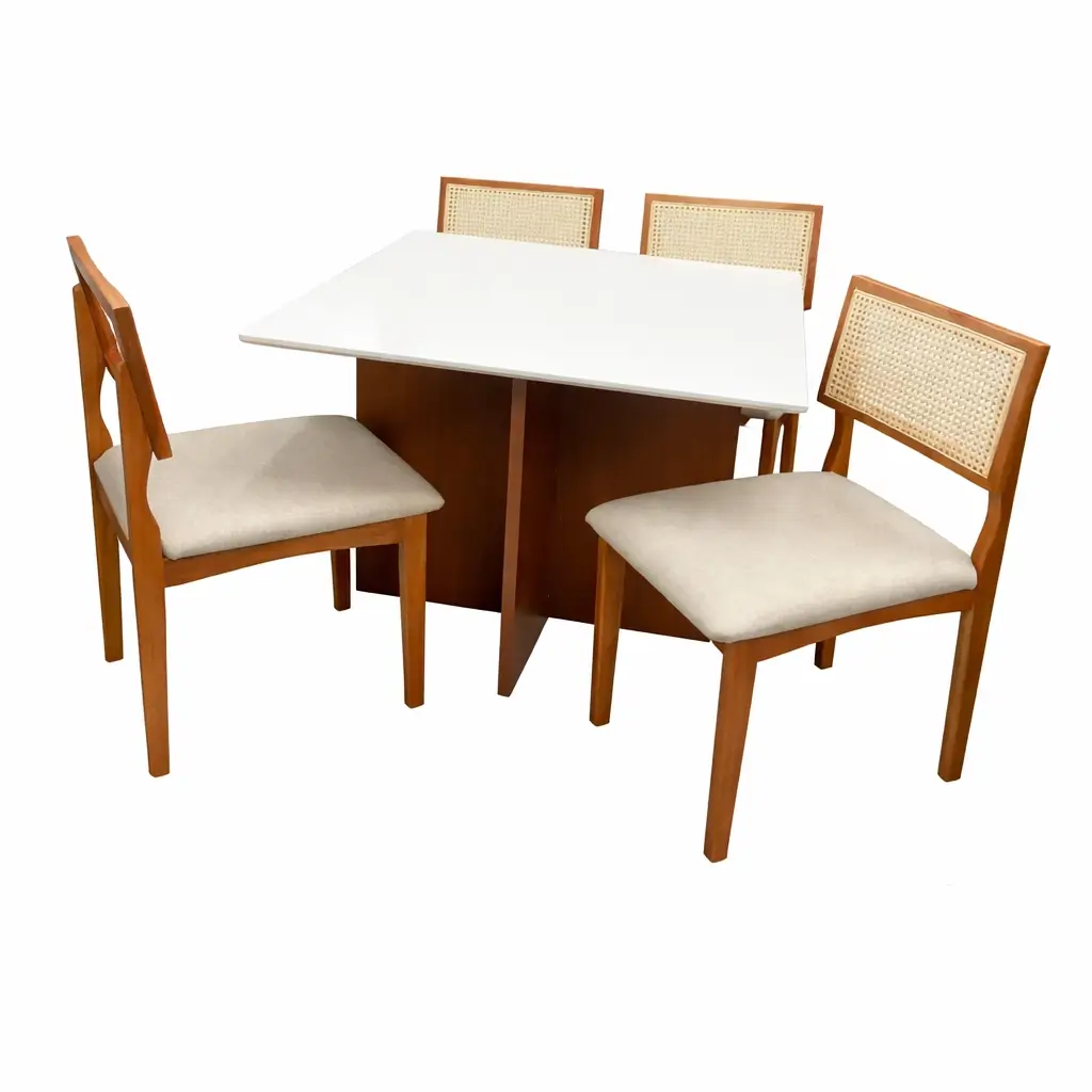 Mesa de Jantar Helo 90x90cm com Vidro e 4 Cadeiras Monalisa em Linho Madeira Poliman