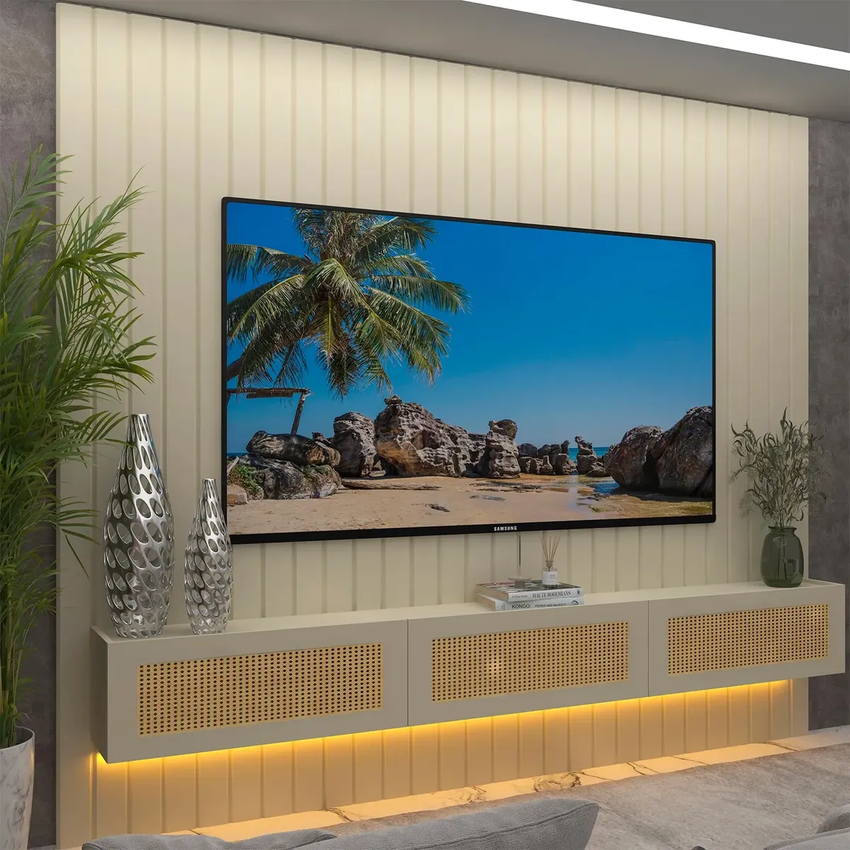 Painel Majestade Native 230cm com Led para Tv Até 80 Polegadas Ripado e Tela Rattan Gelius - Imagem 3