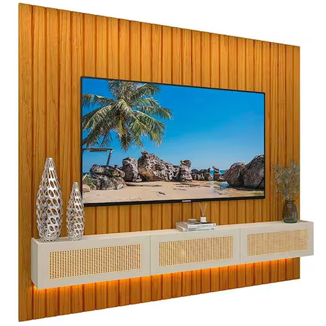 Painel Majestade Native 230cm com Led para Tv Até 80 Polegadas Ripado e Tela Rattan Gelius