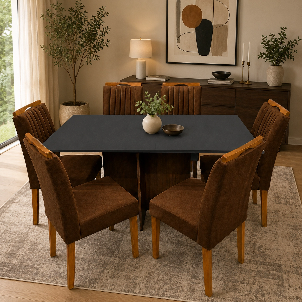 Mesa de Jantar Helo 160x90cm com Vidro e 6 Cadeiras Marselha em Veludo Estofadas Poliman - Imagem 3