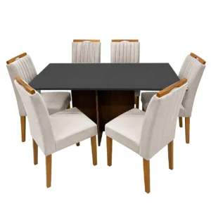 Mesa de Jantar Helo 160x90cm com Vidro e 6 Cadeiras Marselha em Veludo Estofadas Poliman