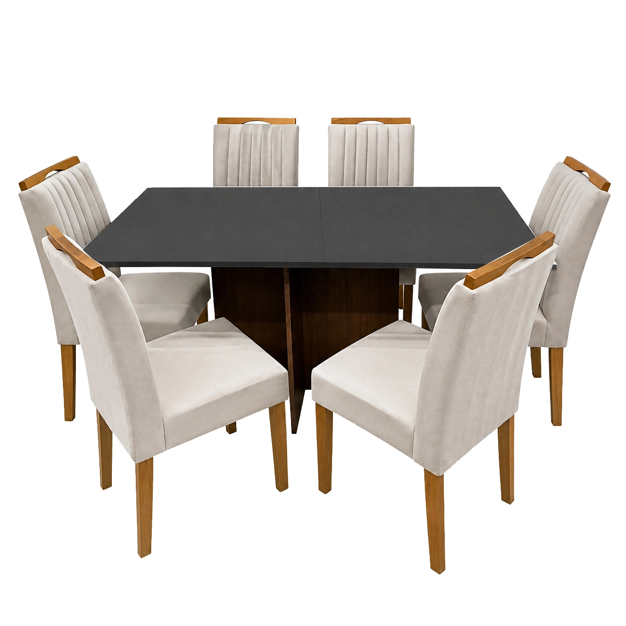 Mesa de Jantar Helo 160x90cm com Vidro e 6 Cadeiras Marselha em Veludo Estofadas Poliman