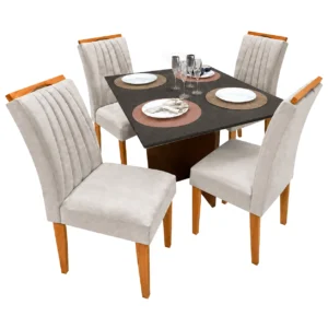 Mesa de Jantar Helo 90x90cm com Vidro e 4 Cadeiras Marselha em Veludo Estofadas Poliman