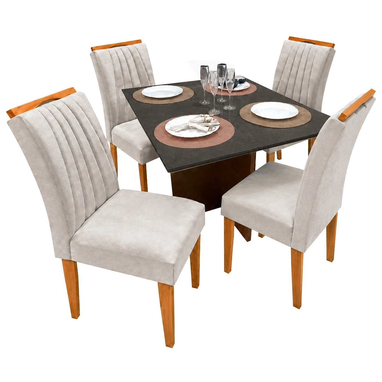 Mesa de Jantar Helo 120x90cm com Vidro e 4 Cadeiras Marselha em Veludo Estofadas Poliman
