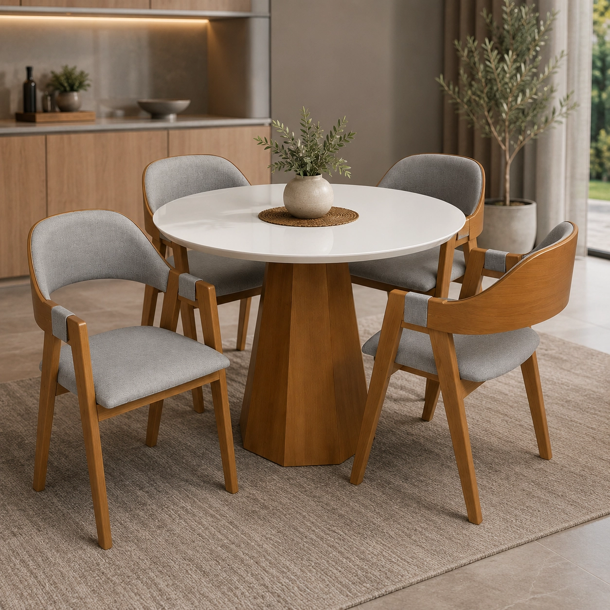 Mesa de Jantar Isis com Vidro Redonda 100cm e 4 Cadeiras Perola em Linho Madeira New Ceval - Imagem 3