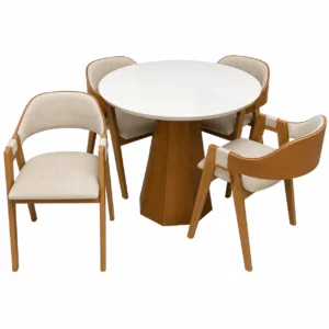 Mesa de Jantar Isis com Vidro Redonda 100cm e 4 Cadeiras Perola em Linho Madeira New Ceval