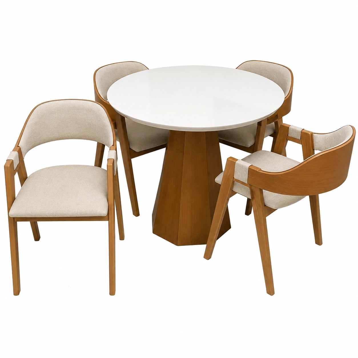 Mesa de Jantar Isis com Vidro Redonda 100cm e 4 Cadeiras Perola em Linho Madeira New Ceval