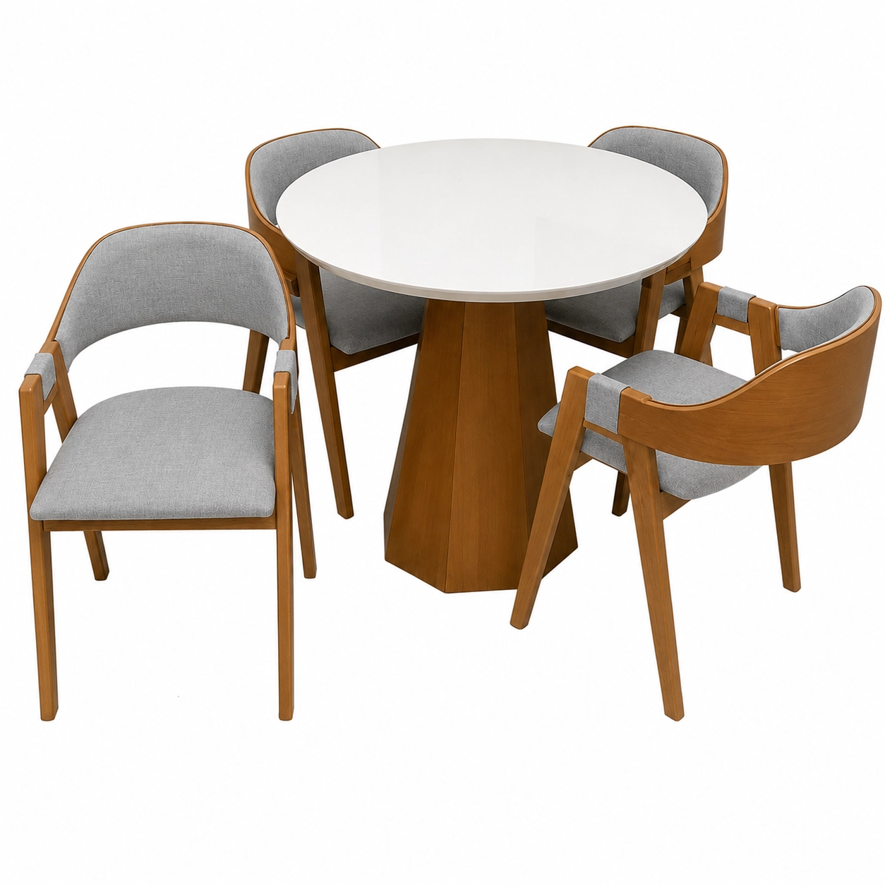 Mesa de Jantar Isis com Vidro Redonda 100cm e 4 Cadeiras Perola em Linho Madeira New Ceval - Imagem 4