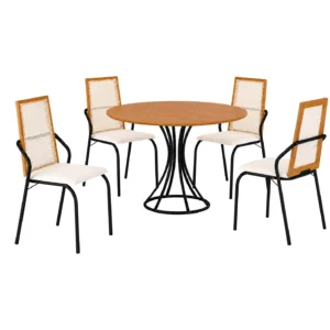 Mesa de Jantar Onix Redonda 90cm com 4 Cadeiras Lorena em Courino Aço Tubo Minas