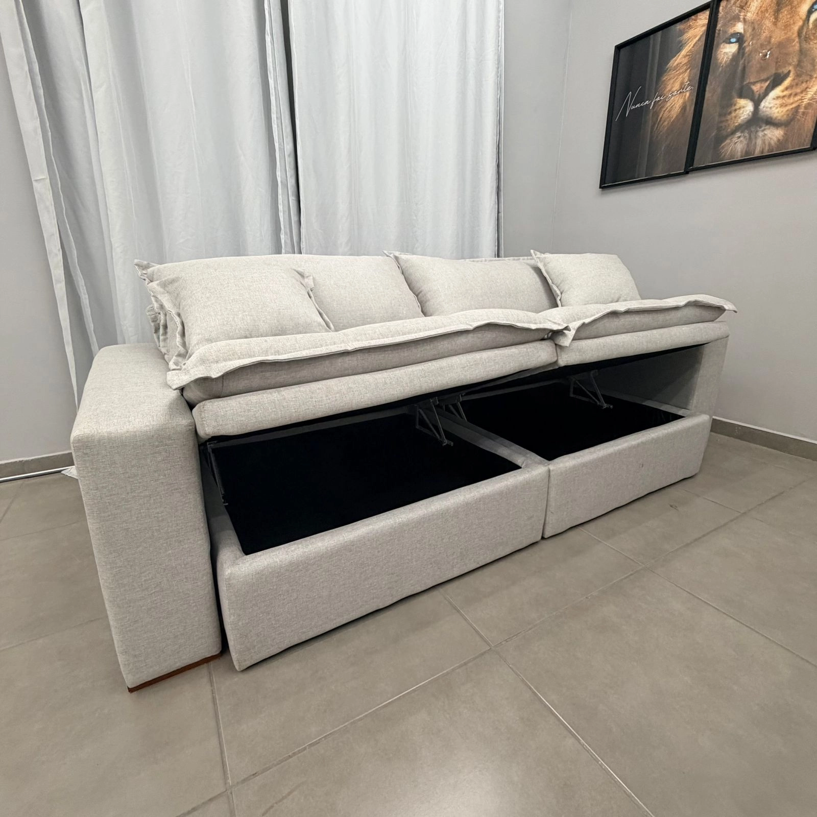 Sofá Cama com Baú Messina em Linho 4 Lugares Retrátil e Reclinável 230cm Luxury - Imagem 6