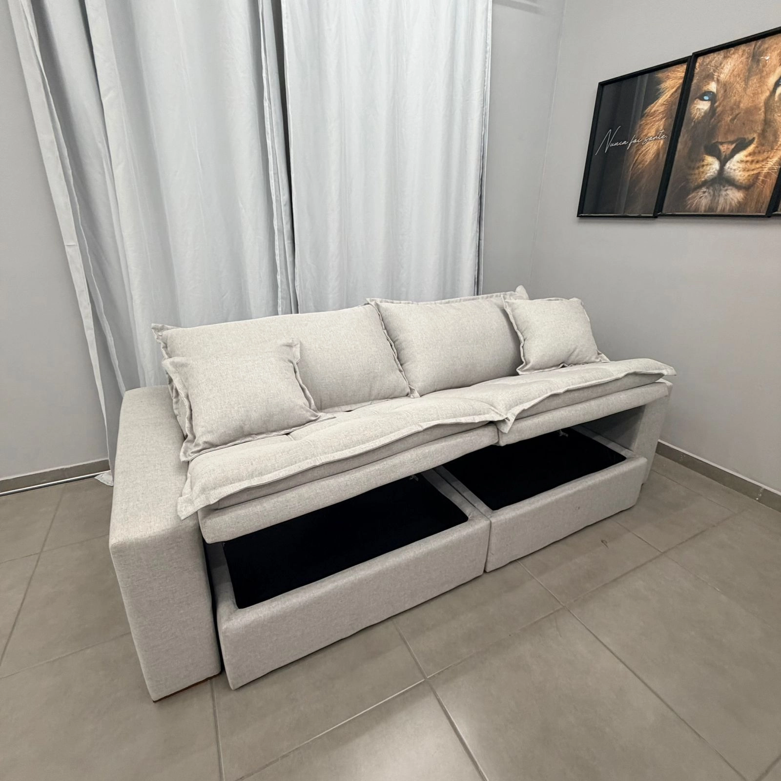 Sofá Cama com Baú Messina em Linho 4 Lugares Retrátil e Reclinável 230cm Luxury - Imagem 7