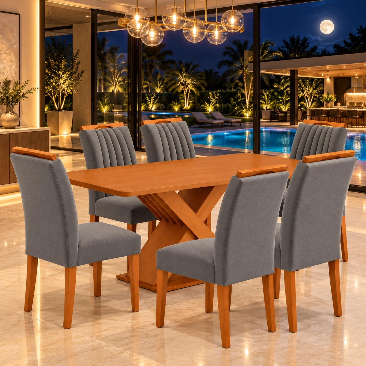 Mesa de Jantar Graviola 160x90cm Sem Vidro com 6 Cadeiras Marselha em Veludo Estofadas Kappesberg - Imagem 3