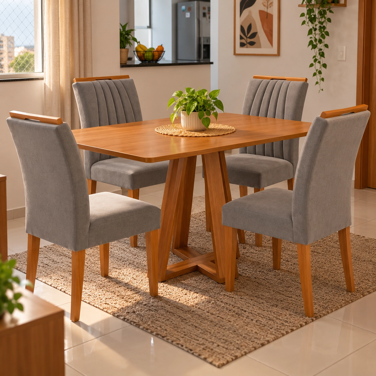 Mesa de Jantar Pilar 120x80cm Sem Vidro com 4 Cadeiras Marselha em Veludo Estofadas Kappesberg - Imagem 3